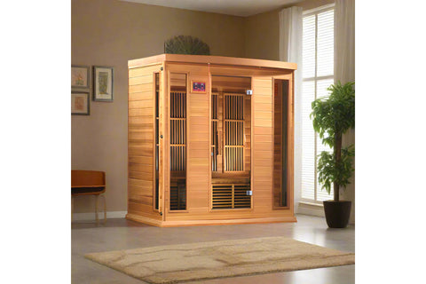Cedar wood infrared sauna cabin with glass doors, carbon heaters, and digital control panel on white background