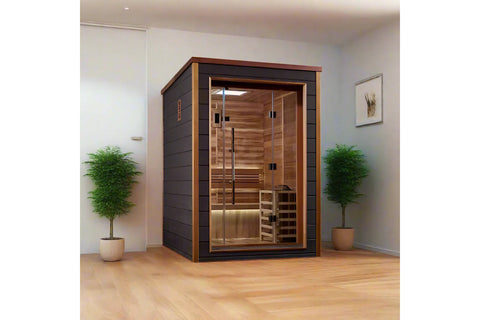 Two-person traditional sauna with cedar wood interior, dark exterior frame, glass door with black handles, built-in bench sea