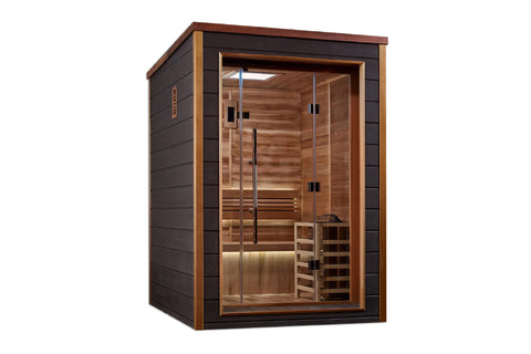 Two-person traditional sauna with cedar wood interior, dark exterior frame, glass door with black handles, built-in bench sea