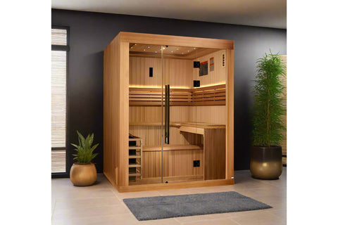 Golden Designs "Osla Edition" 6-person traditional sauna with cedar wood construction, glass double doors, interior benches, 