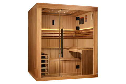 Golden Designs "Osla Edition" 6-person traditional sauna with cedar wood construction, glass double doors, interior benches, 
