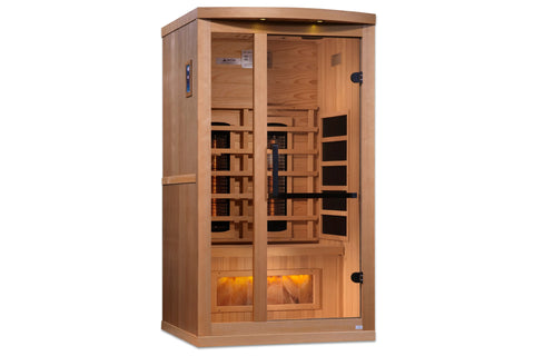 Cedar infrared sauna cabinet with dual glass doors, interior heating panels, and illuminated Himalayan salt bar at base on wh