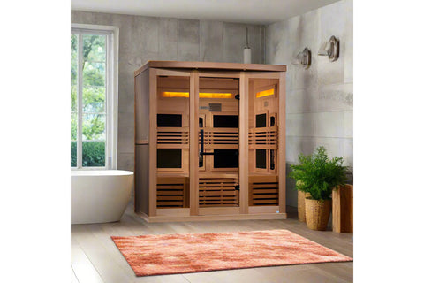 Golden Designs Reserve Edition 6-person infrared sauna with light wood construction, glass doors, and illuminated Himalayan s