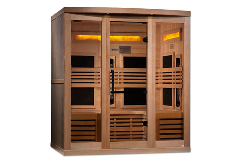 Golden Designs Reserve Edition 6-person infrared sauna with light wood construction, glass doors, and illuminated Himalayan s