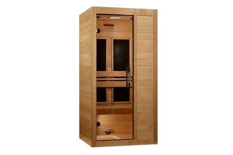 Natural wood infrared sauna cabin with glass front door, black interior bench seating, and horizontal wood paneling on exteri