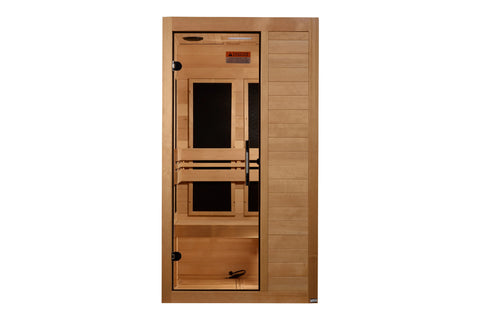 Cedar wood infrared sauna cabin with two glass doors, black interior benches, and control panel on white background