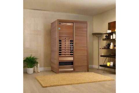 Cedar wood infrared sauna cabinet with glass door showing interior benches and heating elements on white background