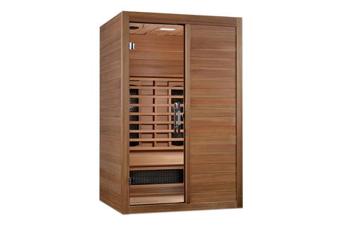 Cedar wood infrared sauna cabinet with glass door showing interior benches and heating elements on white background