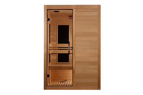 Cedar wood two-person infrared sauna with glass front door, two black heater panels, wooden bench seating, and metal handle o