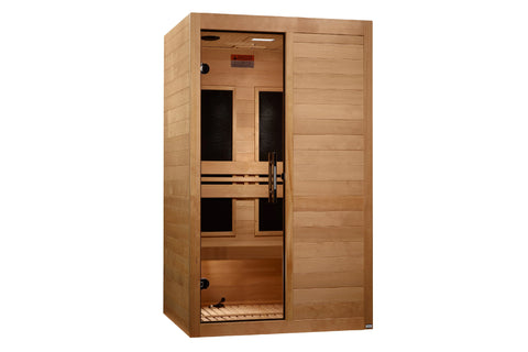 Two-person infrared sauna with light wood construction, black tempered glass door and windows, horizontal wood bench seating,
