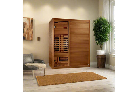 Cedar wood infrared sauna with glass door, interior heater visible, and wooden bench on white background