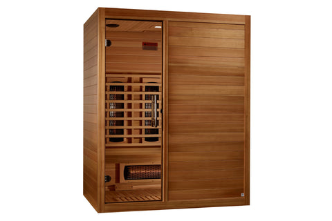 Cedar wood infrared sauna with glass door, interior heater visible, and wooden bench on white background
