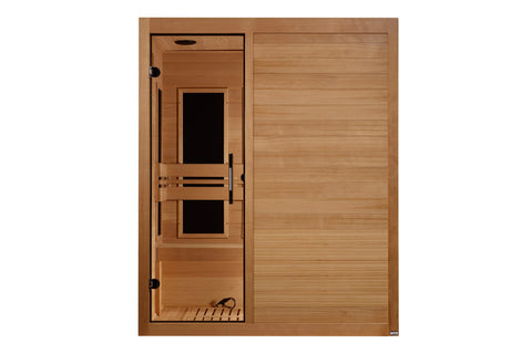Cedar wood infrared sauna with glass front door, black interior panels, wooden bench seating, and control panel on top, viewe