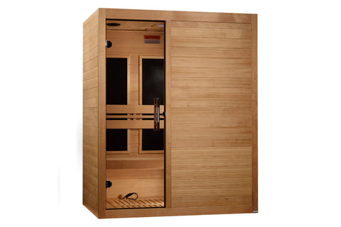 Cedar wood infrared sauna with glass front door, black interior panels, wooden bench seating, and control panel on top, viewe