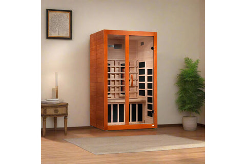 Golden Designs Santiago 2-person far-infrared sauna with orange frame, wood interior, glass doors, and black heating panels