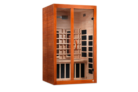Golden Designs Santiago 2-person far-infrared sauna with orange frame, wood interior, glass doors, and black heating panels