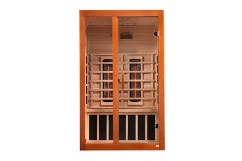 Orange and wood far-infrared sauna cabin with glass door, ceramic heaters, and bench seating on white background