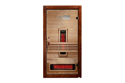 Santorini one to two person infrared sauna with rich mahogany exterior, light wood interior, red heating elements, and black 