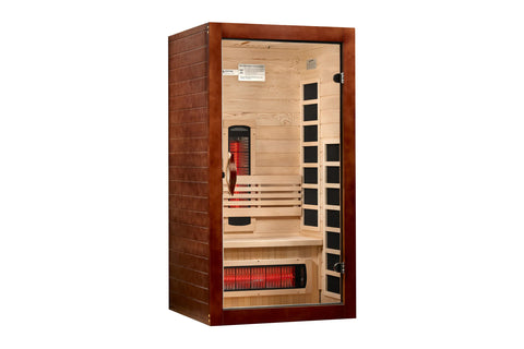 Santorini one to two person infrared sauna with rich mahogany exterior, light wood interior, red heating elements, and black 