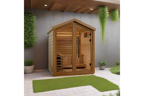 Golden Designs Savonlinna 3-person outdoor traditional sauna with cedar wood construction, glass front door, and interior ben