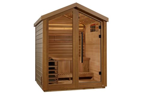 Golden Designs Savonlinna 3-person outdoor traditional sauna with cedar wood construction, glass front door, and interior ben