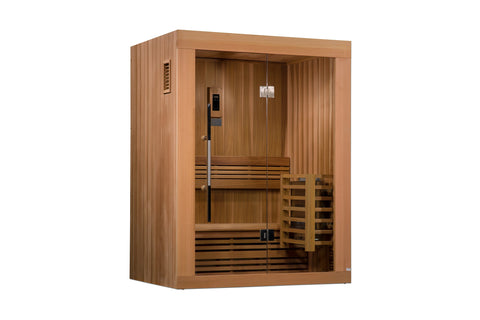Golden Designs Sundsvall 2-person traditional sauna with cedar wood exterior, glass doors, and wooden benches in modern inter