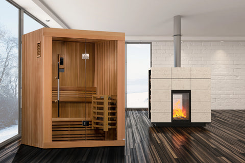 Golden Designs Sundsvall 2-person traditional sauna with cedar wood exterior, glass doors, and wooden benches in modern inter