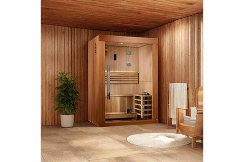 Golden Designs Sundsvall Edition 2-person indoor sauna with cedar wood construction, glass door, bench seating, and control p