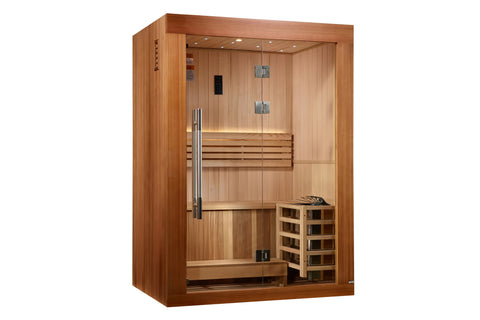Golden Designs Sundsvall Edition 2-person indoor sauna with cedar wood construction, glass door, bench seating, and control p