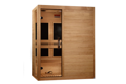 Natural cedar wood infrared sauna with glass-door cabin, wooden bench seating, and black interior, shown on white background