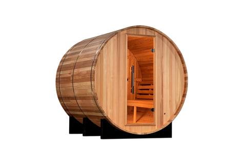 Golden Designs Uppsala barrel sauna with cedar wood exterior, open door revealing orange interior benches, on white backgroun