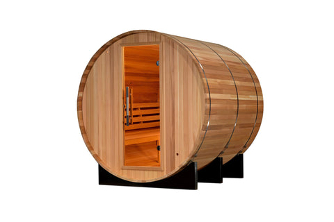 Golden Designs Uppsala barrel sauna with cedar wood exterior, open door revealing orange interior benches, on white backgroun