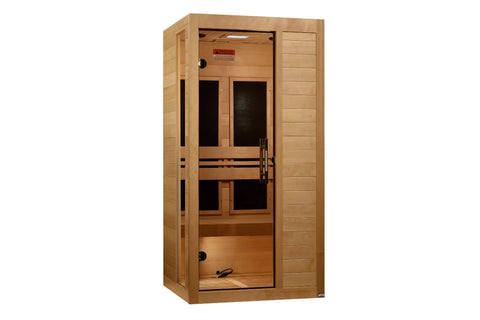 Golden Designs Veneto sauna with natural wood construction, glass doors, and black interior bench seating on white background