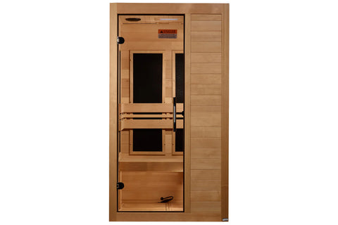 Golden Designs Veneto sauna with natural wood construction, glass doors, and black interior bench seating on white background