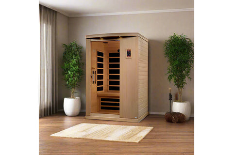 Golden Designs Venice Elite 2-person infrared sauna with natural wood exterior, glass door panel with black interior heating 