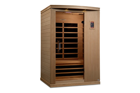 Golden Designs Venice Elite 2-person infrared sauna with natural wood exterior, glass door panel with black interior heating 