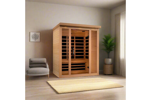 Golden Designs Vila Elite 3-person infrared sauna with cedar wood construction, glass doors, and black heating panels on whit