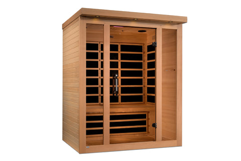 Golden Designs Vila Elite 3-person infrared sauna with cedar wood construction, glass doors, and black heating panels on whit