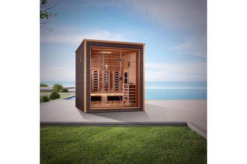 Golden Designs Visby 3-person sauna with cedar wood interior, glass door, infrared heaters, and dark exterior trim on white b