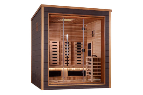Golden Designs Visby 3-person sauna with cedar wood interior, glass door, infrared heaters, and dark exterior trim on white b