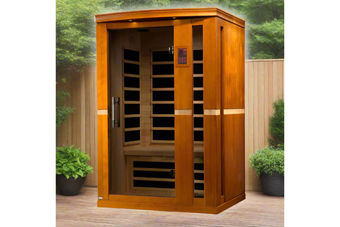 Golden Designs Vittoria 2-person infrared sauna with honey-colored wood exterior, glass door, and wooden bench seating inside
