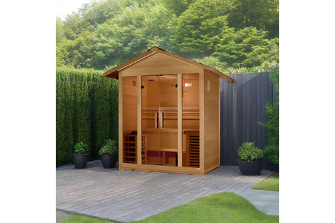 Golden Designs Vorarlberg 5-person traditional outdoor sauna with cedar wood construction, glass doors, and peaked roof on wh
