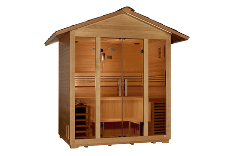 Golden Designs Vorarlberg 5-person traditional outdoor sauna with cedar wood construction, glass doors, and peaked roof on wh