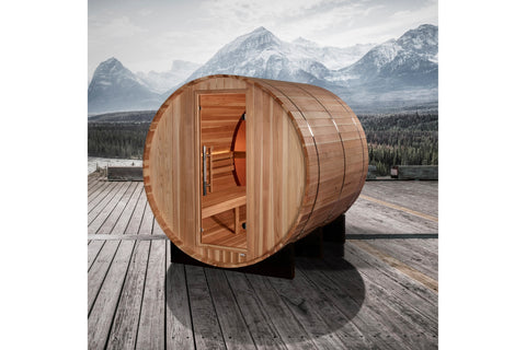 Wooden barrel sauna with cedar construction, open door revealing interior bench seating, mounted on black support frame again