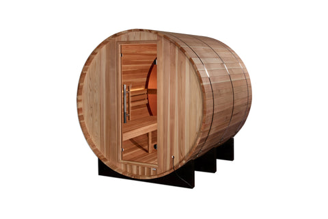 Wooden barrel sauna with cedar construction, open door revealing interior bench seating, mounted on black support frame again