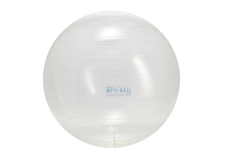 Clear transparent exercise ball with Opti-Ball branding, on white background