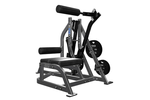 Hammer Strength plate-loaded leg press machine with black handles, seat, and weight plates on white background