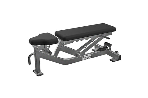 Hammer Strength athletic series multi-adjustable weight bench with black padded seat and backrest, gray metal frame, and leg 