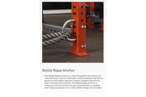 Red metal battle rope anchor with chrome-plated ring attached to gray steel crossmember, shown on gym floor