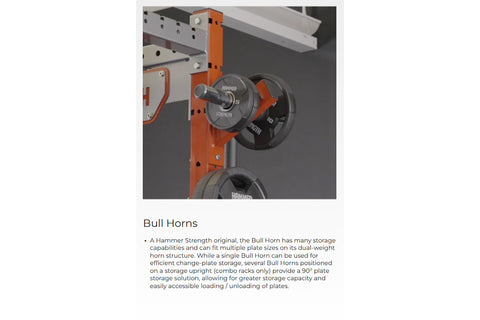 Hammer Strength Bull Horns rack attachment with orange uprights and dual-weight horn structure holding weight plates